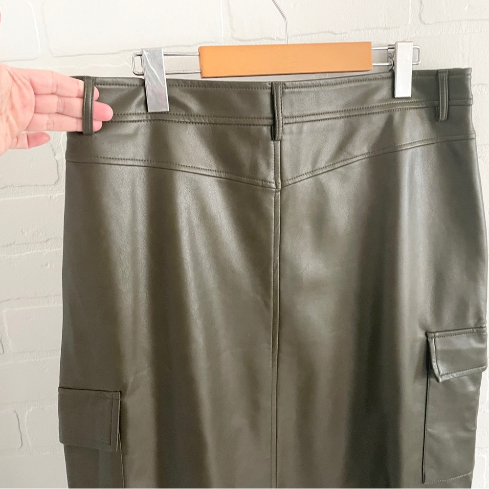 Y2K Vegan Leather Cargo Maxi Skirt Olive Khaki Utility Statement Sz L - Picture 7 of 16